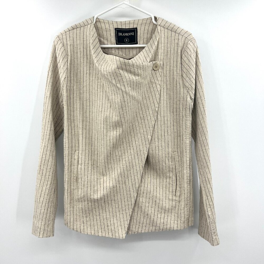 BlankNYC Linen Spandex Beige Black Striped Drape Front Blazer Women's Small